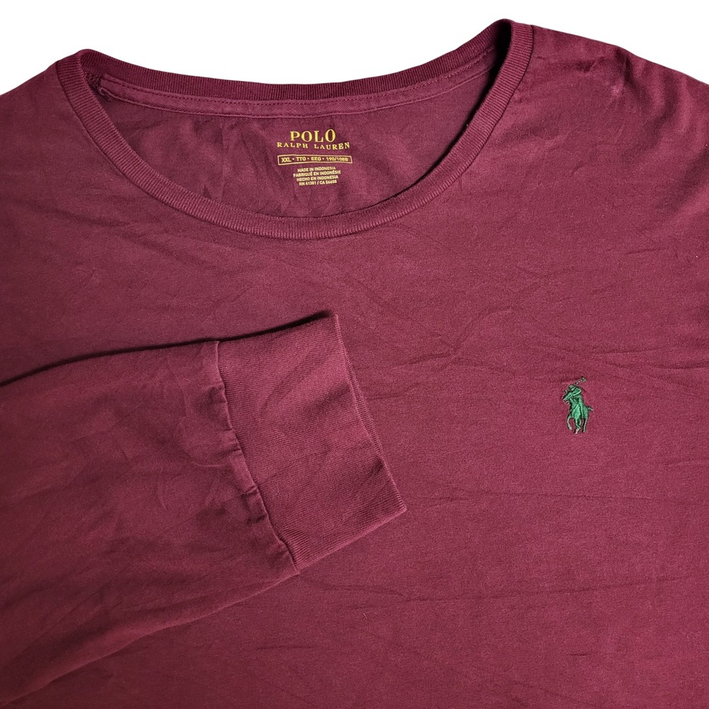Polo Ralph Lauren Mens XXL Burgundy Long Sleeve Crewneck Green Pony Logo T-Shirt